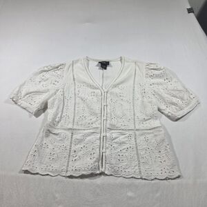 LIV Los Angeles White Eyelet Crochet-Trim Button Front Blouse 90s Scalloped Hem
